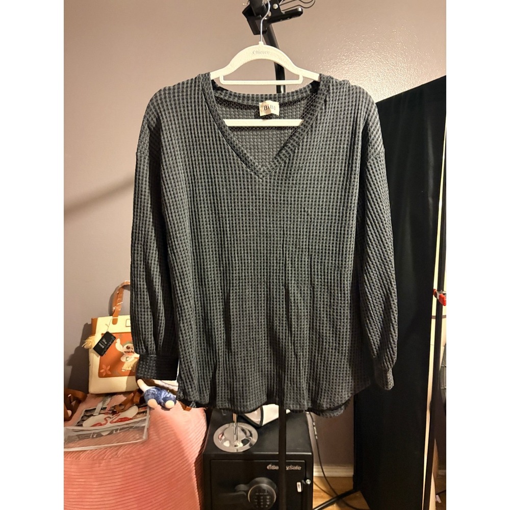 BiBi Womens Charcoal Grey Waffle Knit V-Neck Long Sleeve Thermal Top Size M